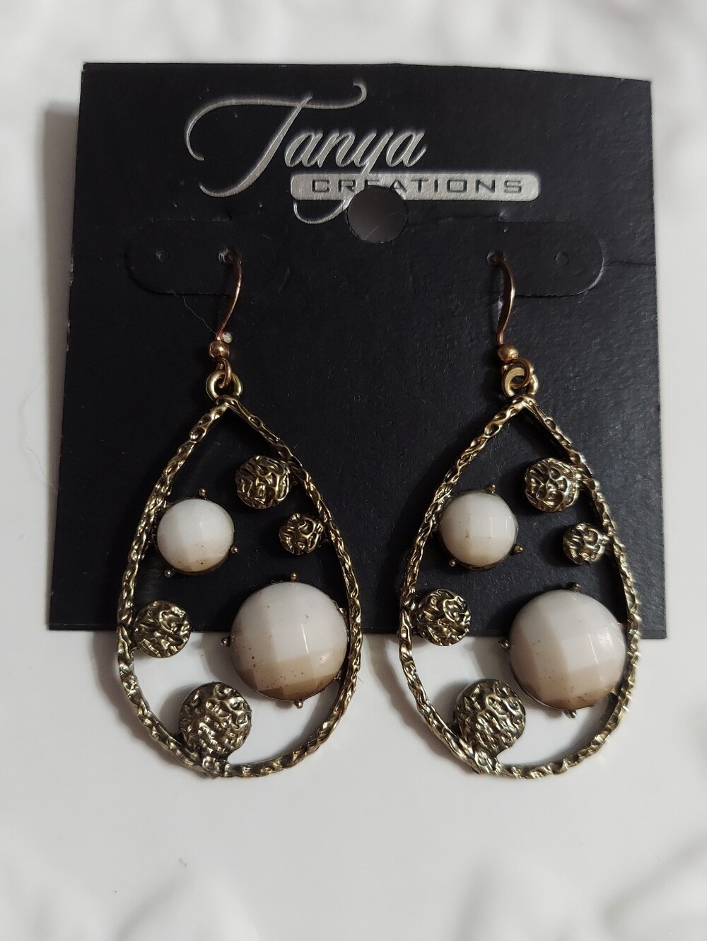 Tanya Creations Textured Gold Tone/Rose & Faceted Beaded Teardrop Earrings